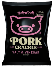  Huff & Puff Salt & Vinegar<br>Flavoured Pork... 10 x 25gr Prepare to wolf down the crispiest, crunchiest pork crackle you’ve ever laid hooves on. Huff & Puff pork crackle is hand fried right here in Australia from real Australian pork rind. Seasoned with sensational spices and sealed fresh!&nbsp; Huff & Puff Pork Crackle is so hot to trot, it’ll have you huffing and puffing all the way home. Available in 10x25gr and 36x25gr cartons in 4 flavours - 0riginal Roast, Salt & Vinegar, Sweet & Sour and BBQ and 2 mixes - Crackle & Toasted Corn and Crackle & Wasabi