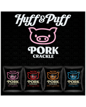  Huff & Puff Pork Crackle -<br>Variety (10 X 25g)  25g Prepare to wolf down the crispiest, crunchiest pork crackle you’ve ever laid hooves on. Huff & Puff pork crackle is hand fried right here in Australia from real Australian pork rind. Seasoned with sensational spices and sealed fresh! Huff & Puff Pork Crackle is so hot to trot, it’ll have you huffing and puffing all the way home.&nbsp; Available in 4 flavours: 0riginal Roast, Salt & Vinegar, Sweet & Sour and BBQ, and a Variety 10 pack with 3 Original Roast, 3 American BBQ, 2 Sweet & Sour and 2 Salt &