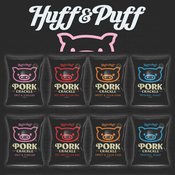  Huff & Puff Pork Crackle<br>Variety Pack... 36 x 25gr Prepare to wolf down the crispiest, crunchiest pork crackle you’ve ever laid hooves on. Huff & Puff pork crackle is hand fried right here in Australia from real Australian pork rind. Seasoned with sensational spices and sealed fresh! Huff & Puff Pork Crackle is so hot to trot, it’ll have you huffing and puffing all the way home. Available in 10x25gr and 36x25gr cartons in 4 flavours - 0riginal Roast, Salt & Vinegar, Sweet & Sour and BBQ and 2 mixes - Crackle & Toasted Corn and Crackle & Wasabi P