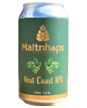  Maltnhops Brewhaus West<br>Coast Ipa 375ml  375ML A full-bodied American West Coast IPA with a sturdy malt backbone, that is balanced beautifully with a strong, bitter finish. An abundant Centennial dry hop, with some help from Simcoe and Chinook, gives this beer strong accents of citrus with kicks of stonefruit and pine. <br>This isn't just a beer; it's a journey through the landscapes of the West Coast, from the citrus groves of Southern California to the towering redwoods of the Pacific Northwest.