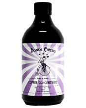  Bondi Circus Cold Brew<br>Coffee Concentrate... 500ML Born on the sunny shores of Bondi. Our coffee conentrate is sure to delight and allows you to create your perfect coffee concoction.<br>It's smooth, balanced, rich and delicious!<br>Have some fun experimenting, dial-up and down the strength and let your imagination run wild.<br>Our concentrate is made from a medium roast blend. Origins are:<br>- Colombia<br>- Peru<br>- East Timor<br>Tasting notes:<br>- caramel<br>- milk chocolate<br>- spice.