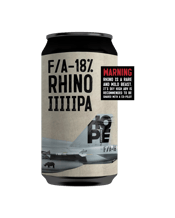  Hope Brewery F/a-18% Rhino<br>Iiiiipa 375ml  375ML Rare, wild and dangerous. We've called it Rhino, the nickname for the F per A - 18 jets that dominate the Hunter's skyline on very special occasions. It's a massive 18% IPA at the extreme end of brewing with the intensity, flavour and resin to navigate its high altitude ABV, it requires 150plus IBUs to pop rivet it together.<br>18.0% ABV, 150plus IBU, 20 EBC