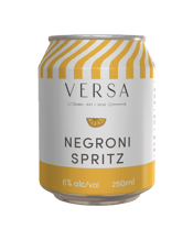 Versa Cocktails Negroni<br>Spritz 250ml 250ML A bold, bittersweet classic with a sparkling twist. Crafted with premium Gin, Campari, sweet vermouth, and soda, it’s a lighter take on the iconic Negroni. Refreshing, refined, and ready to pour.<br>Tasting Notes:<br>Citrus zest, bitter orange, sweet vermouth & herbaceous gin.<br>Balanced and lingering with a crisp, bittersweet finish.<br>To Serve:<br>Chill well. Pour over ice in a glass. Garnish with an orange twist.<br>Best enjoyed at golden hour, no mixing required.