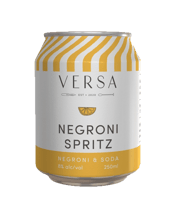  Versa Cocktails Negroni<br>Spritz 250ml  250ML Versa's Negroni Spritz is a symphony of bold and bittersweet flavors! This spirited cocktail combines the rich depth of gin, the complex bitterness of Campari, and the sweet vermouth, creating a harmonious fusion that is both sophisticated and approachable. Then finished with soda water, it transforms into a lively, effervescent experience.8% alc.vol provides for a quality experience. Simply chill and enjoy, or, pour over ice and garnish.