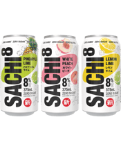 Sachi8 Mixed Pack Zero Sugar<br>Cans 375ml 375ML Sachi8 Mixed 10 Pack brings you refreshing sugar free flavour with every sip. They taste sensational!<br>Sachi8 Mixed 10 Pack has 4x Lemon Lime, 3x White Peach and 3x Pineapple Lime.