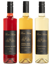  Three Horn Mixed Mead Pack<br>2025 700ml  700ML Traditional<br />Sweet Mead.<br />12% ABV<br />Our Traditional Mead showcases the best of Australian honey by creating a mead using three high quality, simple ingredients.<br />Water, Honey and Yeast.<br />This simple yet elegant Mead uses our Yellow Gum honey to create a full flavoured, juicy and fruity. beverage that will tantalise your tastebuds.<br />Barrel Aged Traditional<br />Semi-Sweet&nbsp;<br />13% ABV<br />Our Barrel Aged Traditional Mead uses Victorian Red gum honey&nbsp;to create a