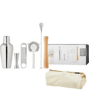  Viski Travel Bar Tools Kit   Shake up craft cocktails wherever you go with this travel bar tool set. Including a stainless steel shaker, strainer, bottle opener, double jigger, spiral bar spoon, and beechwood muddler, this bar kit comes in a professional canvas bag with pockets for each item.&nbsp;Materials: Stainless steel, wood, canvas.&nbsp;Care: Hand wash. Set includes: Cobbler cocktail shaker. Hawthorne strainer. Bottle opener. Jigger. Bar spoon. Muddler. Canvas storage bag.