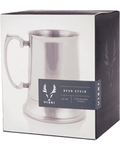 Viski Stainless Steel Beer<br>Stein   Raise your shiny stainless tankard, filled to the brim with the finest handcrafted brew. It's a concise statement vessel with an audacious handle, double-walled and unbreakable.<br>Material: Stainless steel<br>Care: Hand wash