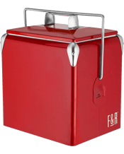 Foster & Rye Vintage Metal<br>Cooler   Not only does this stainless steel cooler come in bold, saturated colors, it delivers on what really matters--room for a 6-pack of bottles. Or 2 rows of cans. You do you. We don't judge. Fits upright bottles or two rows of cans with room for ice. Metal exterior, plastic interior. Bottle opener on side. Locking mechanism.