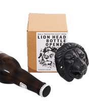  Cancel Calm Lion Head Wall<br>Mounted Bottle Opener...  Screw this to a wall and it'll be a talking point at every party or BBQ. The bear head makes a great gift for anyone who loves to entertain. This lion isn't afraid of the outdoors. Use it inside or out.<br>Contains<br>Cast iron bear head. Made to survive whilst wall-mounted outdoors in all seasons.<br>Cardboard gift box. Made from recycled card. Printed with a kraft design from our award-winning designers.