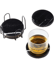  Viski Black Marble Coaster<br>Set   Real black marble threaded with gray and white veining makes these coasters an eye-catching addition to your home decor. Complete with a black stand and cork backing to protect surfaces, it’s a regal place to set down your favorite cocktails.<br> 4 coasters, 1 stand.<br> Marble, cork, metal.<br> Wipe clean with a damp cloth.