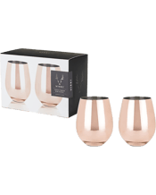  Viski Copper Stemless Wine<br>Glasses   Savor Sauvignon Blanc and Chardonnay from an eye-catching pair of stemless copper tumblers. Each polished and perfectly rounded to fit the curve of your palm, these mirror-finished metal glasses collect and intensify the aromas of your drink for an appetizing taste every time. Polished copper plating.<br>Material: stainless steel, polished copper electroplating.<br>Set of 2.