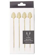  Viski Art Deco Cocktail<br>Picks   Secure garnishes with style, and add an Art Deco twist to your next cocktail. This set of gold-plated picks are made for the socially inclined. Stainless steel Gold plated. Set of 4.