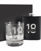  Personalised Favours Black<br>Hip Flask & Scotch...  This set includes one 305ml round scotch glass and one 7oz black stainless steel hipflask inside a stylish gift box.&nbsp; Both are carefully engraved with the text 18 Eighteen.&nbsp; Measurements:-&nbsp; Scotch Glass - 8d x 9.3h cm (Holds 305ml). Hip Flask - 9w x 12.5h cm (Holds 7oz). Gift box - 23.5w x 10d x 17.5h cm.