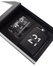  Personalised Favours Black<br>Hip Flask & Scotch...  This set includes one 305ml round scotch glass and one 7oz black stainless steel hipflask inside a stylish gift box.&nbsp; Both are carefully engraved with the text 21 Twenty One.&nbsp; Measurements:-&nbsp; Scotch Glass - 8d x 9.3h cm (Holds 305ml) Hip Flask - 9w x 12.5h cm (Holds 7oz)&nbsp; Gift box - 23.5w x 10d x 17.5h cm.