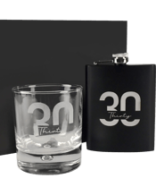  Personalised Favours Black<br>Hip Flask & Scotch...  This set includes one 305ml round scotch glass and one 7oz black stainless steel hipflask inside a stylish gift box.&nbsp; Both are carefully engraved with the text 30 Thirty.&nbsp; Measurements:-&nbsp; Scotch Glass - 8d x 9.3h cm (Holds 305ml). Hip Flask - 9w x 12.5h cm (Holds 7oz). Gift box - 23.5w x 10d x 17.5h cm.