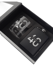  Personalised Favours Black<br>Hip Flask & Scotch...  This set includes one 305ml round scotch glass and one 7oz black stainless steel hipflask inside a stylish gift box.&nbsp; Both are carefully engraved with the text 40 Forty.&nbsp; Measurements:-&nbsp; Scotch Glass - 8d x 9.3h cm (Holds 305mL). Hip Flask - 9w x 12.5h cm (Holds 7oz) . Gift box - 23.5w x 10d x 17.5h cm.