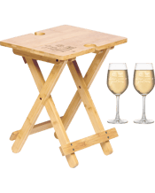  Personalised Favours<br>Foldable Picnic Table...  The portable bamboo picnic table holds two 360mL Wine glasses and has plenty of space left for your selection of cheese, cold meats or tapas. An original gift for birthdays, Mother’s Day and all other special occasions The picnic table includes a carry bag and each piece has been carefully laser engraved with the text 'Cheese, Wine & Good Times’. Measurements: - Picnic Table – Assembled (33.5w x 41.5h x 30d cm). Wine Glasses – (7.5 diameter x 21.5h cm – Holds 360mL).
