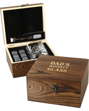  Personalised Favours Wooden<br>Gift Boxed Scotch Glass...  The ideal gift for all spirit loving Dad's. Each sets includes a wonderful dark wooden engraved presentation gift box, 305mL old fashioned scotch glass, 6 cooling stones, a plush velvet bag to house them and set of tongs.&nbsp;Each wooden box has been carefully laser engraved with the text 'DAD'S&nbsp; WHISKEY GLASS' creating a unique gift that will be treasured forever.&nbsp; Set Includes :-&nbsp; 1 x Wooden Gift Box (177w x 154d x 96h mm). 1 x Scotch Glass (83 diameter x 98h mm - holds 305ml). 6 x Whiskey Stones.