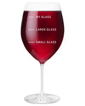  Personalised Favours Extra<br>Large Premium Wine... 700ML The ultimate gift for the lover of fine wines. Made from premium European glass this super-sized favourite holds 700mL of their preferred drop. Who said you can’t enjoy a glass of wine and have a sense of humour at the same time! The glass has been carefully laser engraved with the text '’Small Glass, Large Glass, My Glass”.<br>Measurements: -<br>Wine Glass - (8.0 diameter x 13.5h cm – Holds 700mL).