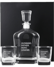  Personalised Favours 3 Piece<br>Decanter Gift Set -...  This decadent decanter gift set is the ultimate present for the devoted Father and husband. Each set includes a premium Italian deluxe decanter and two scotch glasses.<br>The decanter is 700ml and perfect for his favourite whiskey, scotch or bourbon. It features a suction sealed lid to ensure spirits remain in perfect condition. Each set comes packaged nicely in a stylish black gift box. The decanter and glasses have been carefully laser engraved with the text 'Husband, Father, Hero, Legend’.<br