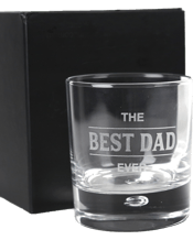  Personalised Favours Round<br>Scotch Glass Gift... 305ML Perfect for whiskey, scotch or bourbon drinkers, this spirit glass is made from premium glassware and is dishwasher safe, meaning it will be treasured for years to come.<br>Each glass is neatly packaging inside a stylish black gift box. This personalised scotch glass has been carefully laser engraved with the text 'The Best Dad Ever’.<br>Measurements:<br>Scotch Glass - (8 diameter x 9.3h cm – Holds 305mL).