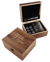 Personalised Favours Wooden<br>Gift Boxed Scotch &...  This set includes a wonderful dark wooden engraved presentation scotch gift box, 305mL old fashioned scotch glass, 6 cooling stones, a plush velvet bag, and tongs, serving as the perfect hook for a thoughtful gift. Carefully laser engraved with 'The Man, The Myth, The Legend,' it draws from traditions of celebrating special people with personal touches. Features highlight cooling stones for chilled drinks without dilution, a sturdy glass, and easy tongs, all neatly stored.<br>Enjoy with scotch o