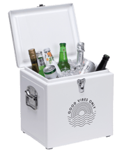  Personalised Favours White<br>15 Litre Insulated... 15L Stand out from the crowd with this novel and unique vintage esky. It has a 15 Litre capacity, is made from food grade polypropylene plastic and will retain ice for up to 48 hours.The cooler box been carefully printed text Good Vibes Only.Measurements Vintage Cooler Box 15 Litre Capacity.