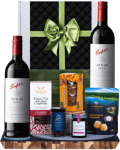  Hamper World Penfolds Bin 28<br>Gourmet Hamper  750ML This gourmet hamper contains:<br>Two Bottles of Penfolds Bin 28 Shiraz 750ml<br>For The Love of Cheese Artisan Fruit and Seed Crispbread 170g<br>So Moorish Raspberry Dusted Dark Chocolate Almonds 150g<br>Olina’s Bakehouse Date and Apricot Crackers 100g<br>Beerenberg Fig and Pomegranate Jam 190g<br>Macadamia Australia Honey Roasted Macadamia 75g<br>All Packaged inside a Gift Box and finished with a decorative sleeve.