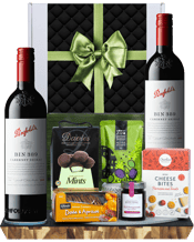Hamper World Penfolds Bin<br>389 Gift Hamper 750ML This gourmet hamper contains:<br>Two Bottles Penfolds Bin 389 Cabernet Shiraz 750ml each<br>Davies Dark Chocolate Mints 100g<br>Mount Zero Lemon and Thyme Olies 80g<br>Beerenberg Fig and Pomegranate Jam 190g<br>Charlie’s Fine Food & Co Parmesan and Tomato Cheese Bites 100g<br>OB Finest OB Gluten Free Natural Wafers 100g<br>All Packaged inside a Gift Box and finished with a decorative sleeve.