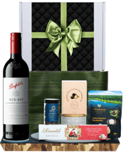  Hamper World Penfolds Bin<br>407 Cabernet... 750ML This gourmet hamper contains:<br>Penfolds Bin 407 Cabernet Sauvignon 750ml<br>So Moorish Raspberry Dusted Dark Chocolate Almonds 150g<br>Macadamia Australia Honey Roasted Macadamia 75g<br>Geelong Confectionary Chocolate Coated Raspberry 130g<br>Rinaldi Nougat 175g<br>All Packaged inside a Gift Box and finished with a decorative sleeve.
