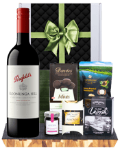  Hamper World Penfolds<br>Koounga Hill... 750ML This gourmet hamper contains:<br>Penfolds Koonunga Hill Cabernet Sauvignon 750ml<br>Davies Mints 100g<br>Beerenberg For Cheese Paste 250g<br>Milk Chocolate Almonds 75g<br>Lavosh Crackers 100g<br>Honey Roasted Macadamia 75g<br>All Packaged inside a Gift Box and finished with a decorative sleeve.