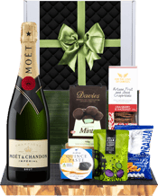 Hamper World Moet And<br>Chandon Imperial... 750ML This gourmet hamper contains:<br>Moet & Chandon 750ml<br>Davies of Sydney Mints 100g<br>For the Love of Cheese Crisp Bread 150g<br>Quince Paste 150g<br>Mount Zero Olives 75g<br>Cashew and Soy Mix 80g<br>All Packaged inside a Gift Box and finished with a decorative sleeve.