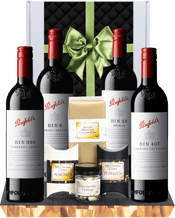  Hamper World Penfolds Bin<br>Selection Gift... 750ML This gourmet hamper contains:<br>Penfolds Bin 8 Shiraz Cabernet 750ml<br>Penfolds Bin 28 Shiraz750ml<br>Penfolds Bin 389 Cabernet Shiraz750ml<br>Penfolds Bin 407 Cabernet Sauvignon750ml<br>Assorted Milk Chocolate Bites 120g<br>Milk Chocolate Almonds 75g<br>Milk Chocolate Peanuts 75g<br>Chocolate Mint Humbugs 140g<br>All Packaged inside a Gift Box and finished with a decorative sleeve.