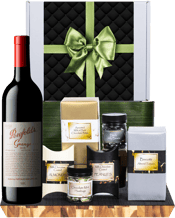  Hamper World Penfolds Grange<br>Gift Hamper  750ML This gourmet hamper contains:<br>Penfolds Grange 750ml<br>Assorted Milk Chocolate Bites 120g<br>Milk Chocolate Almonds 75g<br>Milk Chocolate Peanuts 75g<br>Chocolate Mint Humbugs 140g<br>Almond Biscoti 150g<br>Black Jelly Beans 200g<br>All Packaged inside a Gift Box and finished with a decorative sleeve.