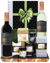 Hamper World De Bortoli<br>Winemakers... 750ML This gourmet hamper contains:<br>DeBortoli DB Merlot & Sauvignon Blanc 750ml each<br>Assorted Milk Chocolate Bites 120g<br>Milk Chocolate Almonds 75g<br>Milk Chocolate Peanuts 75g<br>Chocolate Mint Humbugs 140g<br>Almond Biscoti 150g<br>Black Jelly Beans 200g<br>All Packaged inside a Gift Box and finished with a decorative sleeve.