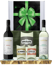  Hamper World De Bortoli Big<br>Rivers Shiraz &... 750ML This Gourmet Hamper contains 2 bottles of alcohol and 3 food products and is packaged in a Large White Gift Box which is Finished with a Seasonal Event Sleeve.<br>De Bortoli Big Rivers Shiraz 750ml<br>De Bortoli Big Rivers Semillon Sauvignon Blanc 750ml<br>Morish Treats Milk and Dark Chocolate Bites 120g<br>Morish Treats Milk Chocolate Almonds 75g<br>Morish Treats Raspberry Jam Filled Biscuits 50g.