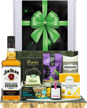  Hamper World Jim Beam<br>Gourmet Hamper  1125ML This Gourmet Hamper contains 1 bottles of alcohol and 6 food products and is packaged in a Medium White Gift Box which is Finished with a Seasonal Event Sleeve.<br />Jim Beam 700ml<br />Charlies Three Cheese Bites 60g<br />Beerenberg Fig and Pomegranate Jam For Cheeses 190g<br />OB Finest Fig and Pistachio Crackers 130g<br />Mount Zero Marinated Olives 80g<br />Davies Chocolate Mints 100g<br />Morish Treats Milk and Dark Chocolate Bites 30g.
