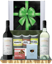  Hamper World De Bortoli Big<br>Rivers Shiraz &... 750ML This Gourmet Hamper contains 2 bottles of alcohol and 5 food products and is packaged in a Medium White Gift Box which is Finished with a Seasonal Event Sleeve.<br />De Bortoli Big Rivers Shiraz 750ml<br />De Bortoli Big Rivers Semillon Sauvignon Blanc 750ml<br />LaTrobe Valley Milk Chocolate Rocky Road 75g<br />Geelong Confectionary Chocolate Honeycomb Cubes 100g<br />Morish Treats Sweet Chili and Lime Mix 40g<br />Morish Treats Australian Roasted Peanuts 60g<br />Morish Treats Milk Chocolate P
