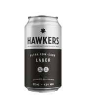  Hawkers Beer Ultra Low-carb<br>Lager 375ml  375ML Maximum lifestyle, minimum guilt. A crisp,dry, and refreshing lager designed for socialising and good times, this beer is a refined companion for any occasion. Best enjoyed carefree.