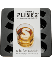 Drinks Plinks Letter S Ice<br>Cube Tray Amp up your drinks-at-home fun with DrinksPlinks. Big bold letter and shape ice cube trays, to chill drinks, not dilute them. S is the DrinkPlink for your favourite Scotch drinkers, Soda drinkers and for gifting to Susie, Sam, Sarah and the Smiths. Each slow melting S is sized to have attitude, and will make an ice shape 49mm (w) x 58mm (h) and 40mm (d). 4 x S's per tray. Size of tray: 140mm (w) x 140mm (h) x 42mm (d). Australian owned & designed. Dishwasher safe. Bake up to 220°, create chocola