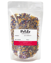  Petite Ingredient Dried<br>Edible Confetti -... 40gm Organic dried edible flowers are ideal for year-round culinary creations.&nbsp; Handpicked and produced on our farm in the Yarra Valley, add flavour and colour to savoury dishes, perfect for decorating pastries and desserts. Store in a cool, dry place out of direct sunlight.&nbsp; Bulk Weight (Nett):&nbsp;40grams.