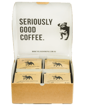  The Laughing Pug Coffee<br>Company Portable Drip...  We’re bringing our delicious Laughing Pug boutique coffee directly to your cup, bypassing any need for expensive equipment or finely tuned skills. In fact, this is the most convenient way to enjoy speciality coffee ever&nbsp;(believe me, we’ve tried the lot).&nbsp; Can’t decide which coffee flavour to choose? Try all four flavours with this Pug Sample Box.&nbsp;4 x 5 packs of each flavour. You’ll receive: 1 x 5 pack IL Capo Blend. (Brazil x 2, PNG and Indonesian) 1 x&nbsp;5 pack&nbsp;Doggfather Blend. (Columbia, PNG and