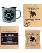  The Laughing Pug Little Dawg<br>Pack   One of our best selling packs<br><br />10 Pack of organic pour over drip coffee bags<br>5 Pack of Belgium hot chocolate single serves<br>1 Enamel camping pug mug 10oz<br>1 50g Dark chocolate covered coffee beans