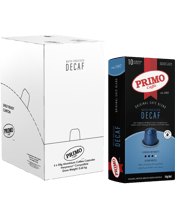  Primo Caffe Decaf Aluminium<br>Coffee Capsules 6x10pk   Strength&nbsp;-&nbsp;&nbsp;1&nbsp;&nbsp;&nbsp;2&nbsp;&nbsp;&nbsp;3&nbsp;&nbsp;&nbsp;4&nbsp; Contents&nbsp;- 10-60 Compatible Pods Type&nbsp;- 100% Arabica Water Processed Decaf&nbsp; This decaf coffee is a taste driven decaffeinated coffee. Don't let the words fool you, this coffee is rich in taste, light to medium bodied with a sweet, malty finish.&nbsp; What is Water Processed?&nbsp;- Water processed decaf coffee is processed using a Water Processed Method which maintains that real espresso flavour and aroma by using a 100% chemical free process.&nbsp; NESPRESSO®&nbsp;COMPATIBLE DECAF PODS