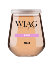  Wiag Wine In A Glass Rosé<br>Non-glass 187ml  187ML I am your single serve, portion controlled, Australian fine wine. Although I feel like glass, I am a non-glass,100% food grade PET, fully reusable product. I have a tamper evident foil seal and a replaceable lid. The perfect solution for anywhere glass is prohibited. No more wastage. We are 100% Australian owned and grown. We come in a variety of wines. We are WIAG (Wine In A Glass) .<br />Our Rosé delivers an intense and juicy front and mid palate with cherry, red berry fruits flavours Aromas o