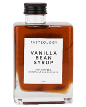  Tasteology Vanilla Bean<br>Syrup   his creamy Vanilla Bean Syrup is perfect in coffees, milkshakes, desserts, cocktails and on ice cream.<br>It comes in a high-quality glass bottle with a screw-on cap. Stylish enough to sit on your kitchen benchtop. Vanilla syrup is a deliciously easy way to sweeten homemade lattes and cook vanilla desserts like panna cotta or cupcakes. <br>300mL.<br>Made in Australia.<br>Ingredients: Organic Raw Sugar, Vanilla Bean Powder (<1%),Store: Away from sunlight. Refrigerate after opening.<br>May contain
