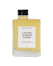  Tasteology Lychee & Ginger<br>Syrup 300ml  300ML This delicious Lychee & Ginger Syrup is perfect in cocktails, baking and desserts. A blend of sweet juicy lychees with a subtle spicy ginger finish. Pair it with one of our Rimming Salt for a perfect cocktail.<br>It comes in a high quality stylish glass bottle with a screw on cap. Stylish and perfect for your kitchen benchtop.<br>300ml-Made in Australia.<br>Ingredients: Water, Sugar, Glucose Syrup, Natural Lychee Flavour (<1%), Natural Ginger Flavour (<1%), Citric Acid, Cultured Brown Rice.<br>S
