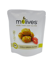  Molives Chilli Marinated<br>Pitted Green Olives... 150g Gentle and smooth flavour of chilli. Full of nutrition and punch, it’s a party starter with a lasting first impression. Dried chillies simmered with olive oil and hand-mixed with our premium Molives to reach that perfect balance of flavours on fire. Specifically salt and vinegar are reduced, improving their flavour and allowing the true taste of the olives to burst through. PRODUCT FACTS Salt reduced Vinegar reduced 100% natural ingredients Vegan Dairy free No preservatives No added sugar Soy fr