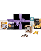  Purely Gourmet Mini<br>Australian Gourmet... 0 Looking for a can't go wrong gift? Well, this Mini Australian Gourmet Snack Hamper is your go to!&nbsp; Hamper Includes: Barry's BBQ Blend 150g Orchard Valley Chickpea Puffs 80g Get Farmed Melting Moments 50g Charlie's Cookies Rocky Road 150g Whisk & Pin Honey Coated Popcorn 80g Kangaroo Island Comes in well presented&nbsp;black box with a&nbsp;purple ribbon bow. Wood wool is also stuffed inside the hamper box.